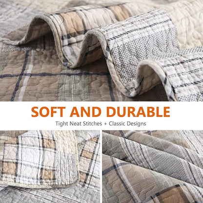 Quilts Queen Size - Queen Quilted Bedspread Sets, 100% Cotton Patchwork Quilt Bedding Set for Queen Bed, 3 Pieces Plaid Farmhouse Reversible Rustic Lightweight Comforter
