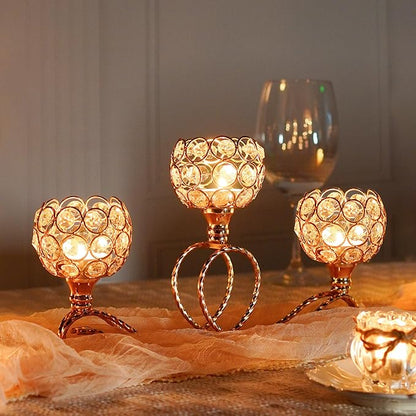Gold 3 Arm Metal Crystal Tea Light Candle Holder, Elegant Wedding Table Centerpiece Candleholder, Christmas Wishing Crystal Bowl Candle Holder Suitable for Wedding Party Living Room Decoration