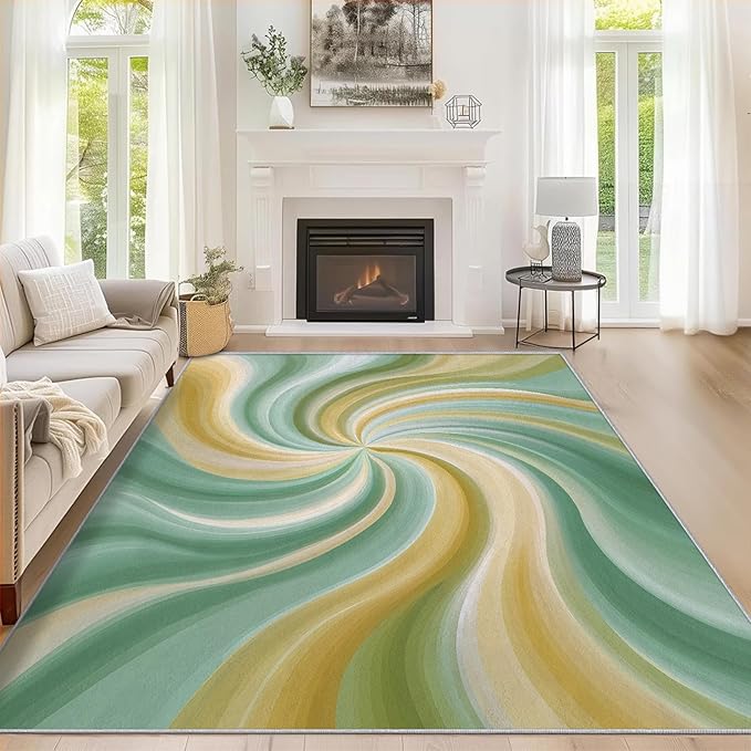 3x5 Yellow Green Swiral Rugs for Bedroom Decor, Washable Modern Abstract Art Pattern Area Rug, Living Room Home Decoration, Non Slip Soft Thin, Trippy Hippie Spiral Decor Carpet PF-P 56