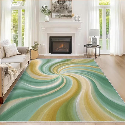 3x5 Yellow Green Swiral Rugs for Bedroom Decor, Washable Modern Abstract Art Pattern Area Rug, Living Room Home Decoration, Non Slip Soft Thin, Trippy Hippie Spiral Decor Carpet PF-P 56