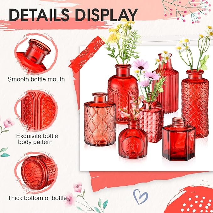 Yaomiao 30 Pcs Vases Bulk Colored Flower Glass Bud Vases Valentine Vintage Colored Glass Bottles Colorful Rustic Embossed for Home Wedding Table Decorations Gifts (Red Series)