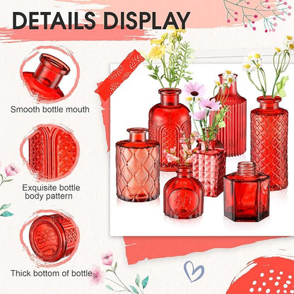 Yaomiao 30 Pcs Vases Bulk Colored Flower Glass Bud Vases Valentine Vintage Colored Glass Bottles Colorful Rustic Embossed for Home Wedding Table Decorations Gifts (Red Series)