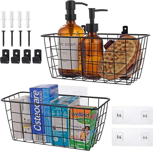 Wire Hanging Wall Basket, 2 Black Baskets Set Adhesive Wall Mount Organizer for Pantry Kitchen RV Bathroom Cabinet Storage Organization