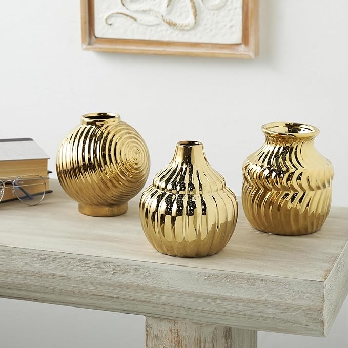 Deco 79 Ceramic Abstract Decorative Vase Small Textured Centerpiece Vases with Varying Shapes and Patterns, Set of 3 Flower Vases for Home Decoration 5" W, 6" H, Gold