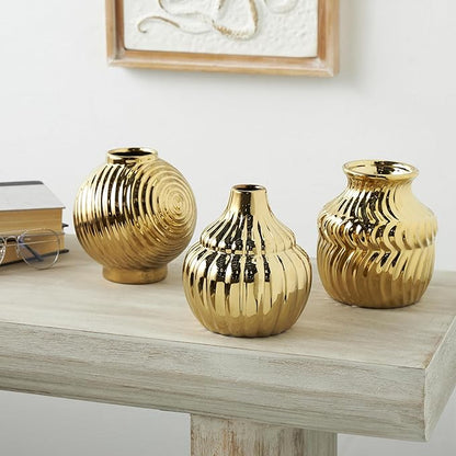 Deco 79 Ceramic Abstract Decorative Vase Small Textured Centerpiece Vases with Varying Shapes and Patterns, Set of 3 Flower Vases for Home Decoration 5" W, 6" H, Gold