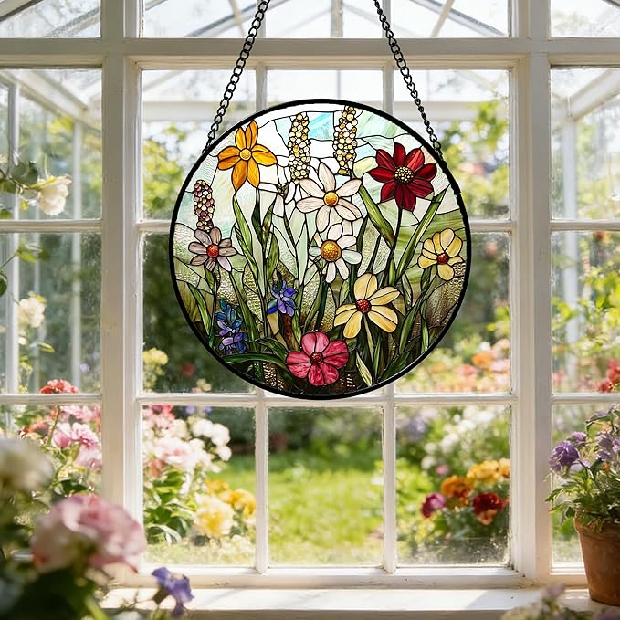 DASTOLL Stained Glass Window Hanging, Colorful Wildflowers Plant Scenery Suncatcher for Doors Window Home White Green Sun Catchers Decor Mother's Day Birthday Gifts for Women, Men Mom 9.8 in