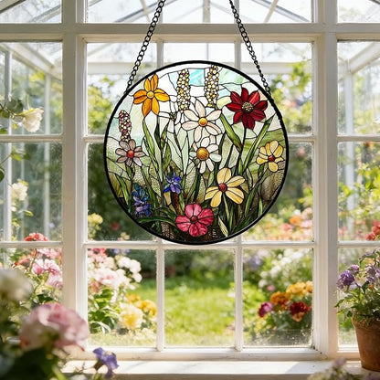 DASTOLL Stained Glass Window Hanging, Colorful Wildflowers Plant Scenery Suncatcher for Doors Window Home White Green Sun Catchers Decor Mother's Day Birthday Gifts for Women, Men Mom 6.3 in