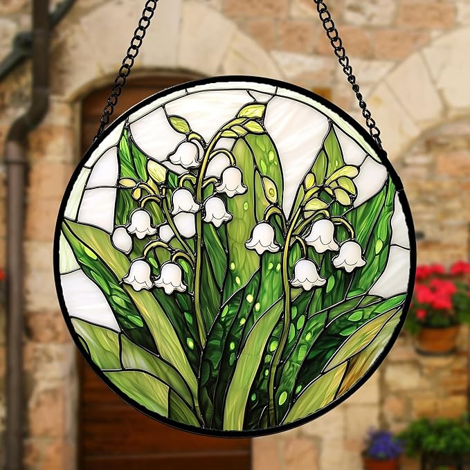 Stained Glass Window Hanging, Lily of The Valley Flower Sun Catchers Colorful Glass Panel Green Plants Suncatcher Decor for Birthday for Women,Men,Wife, Lovers, and Mom 7.8 in