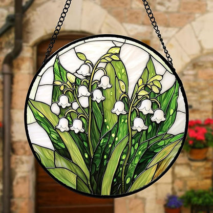 Stained Glass Window Hanging, Lily of The Valley Flower Sun Catchers Colorful Glass Panel Green Plants Suncatcher Decor for Birthday for Women,Men,Wife, Lovers, and Mom 7.8 in