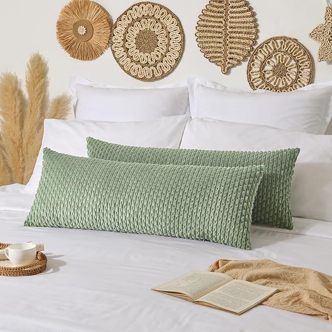 Kevin Textile Spring 14x36 Inch Long Lumbar 1 Pack Boho Decorative Throw Pillow Cover Soft Striped Corduroy Rectangle Cushion Case Farmhouse Solid Accent for Living Room Couch Sofa Bed, Sage Green