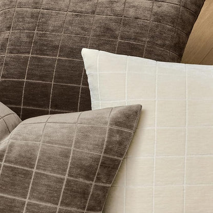 MIULEE Decorative Chenille Check Lumbar Throw Pillow Covers Vintage Plaid Couch Pillows 12x20 Inch Set of 2 Neutral Boho Farmhouse Cushion Covers Spring Decor for Sofa Bed Living Room Taupe Grey
