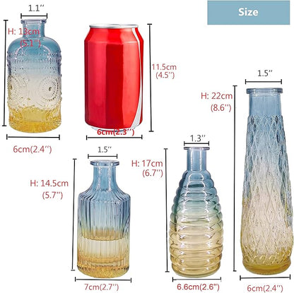 FANTESTICRYAN Baroque Bud Glass Vases Set of 4, Retro Gradient Small Vase Single Flower Mini for Centerpiece Décor, Tabletop, Christmas, Wedding, Housewarming (Blue)