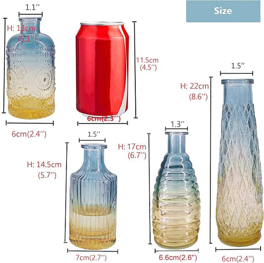 FANTESTICRYAN Baroque Bud Glass Vases Set of 4, Retro Gradient Small Vase Single Flower Mini for Centerpiece Décor, Tabletop, Christmas, Wedding, Housewarming (Blue)