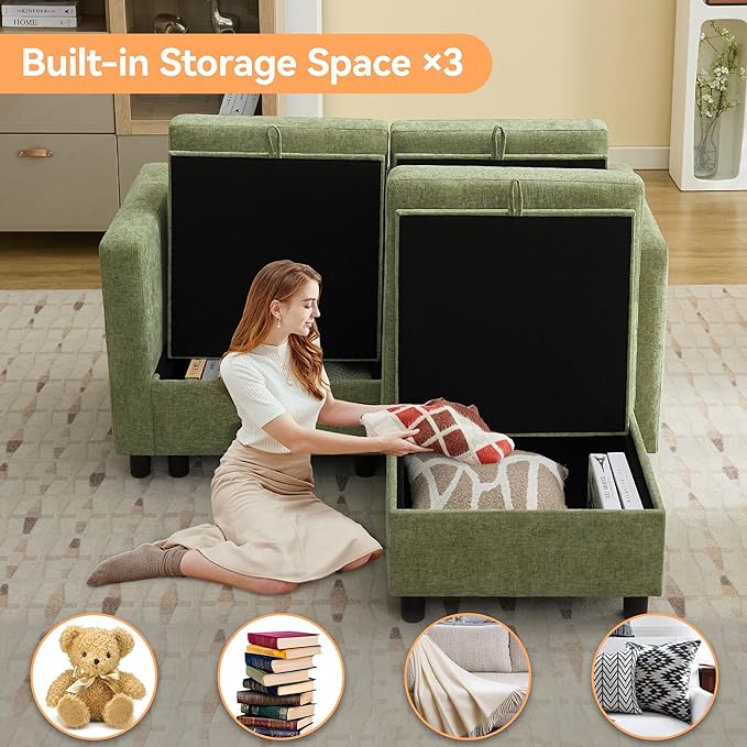 58”Modular Sectional Loveseat Sofa with Storage, Comfy Office L Shaped Sofa Couch, Chenille Love Seat Modular Sectional Couch with Movable Ottoman for Living Room, Bedroom, Green