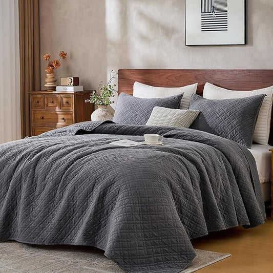 King Quilt Set with Shams Lightweight Quilted Bedspread Coverlet Thin Comforter Bed Cover Vintage Washed Quilted Blanket for All Season, Brushed Microfiber Diamond Stitching, Ash Gray, 104"x92"