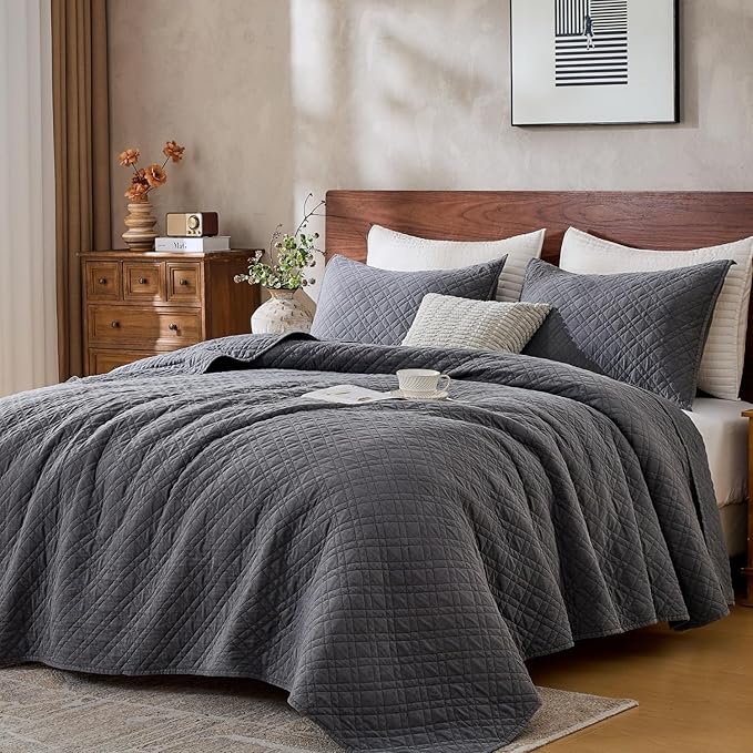 Queen Quilt Set with Shams Lightweight Quilted Bedspread Coverlet Thin Comforter Bed Cover Vintage Washed Quilted Blanket for All Season, Brushed Microfiber Diamond Stitching, Ash Gray, 88"x92"