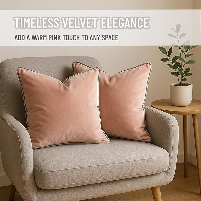 2 Pack Velvet Decorative Throw Pillow Covers, 12"x20", Pink and Grey, Solid, Modern, Contrast Piping, Indoor Use, Bedroom & Living Room