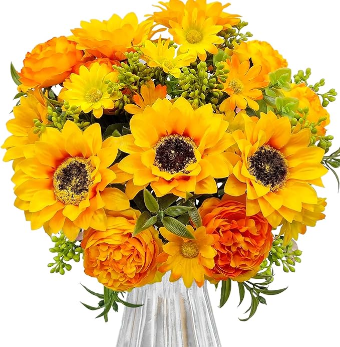 Artificial Flowers for Decoration, 3Pcs Fake Sunflower with Peonies Artificial Flowers Bouquet Silk Flowers for Home Wedding Party Table Centerpieces Vase Decor Indoor Floral Displays (Yellow)