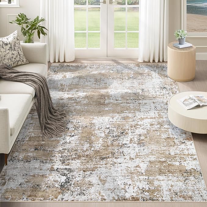 5x7 Area Rugs for Living Room, Washable Modern Abstract Large Area Rug Neutral Soft Non Slip Kids Rug Stain Resistant Indoor Carpet for Bedroom Nursery Dining Room Home Office(Beige, 5'x7')