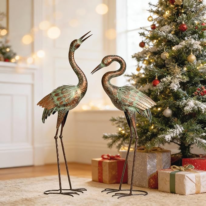 Shorayn Garden Crane Statues, Blue Heron Sculptures for Outdoor, Cranes Decor Metal Bird, Patina Garden Art Lawn Ornaments for Yard Patio Porch Outside Decorations