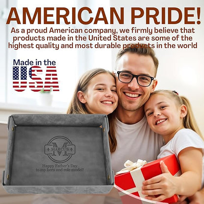 Engraved Father’s Day Leather Valet Tray – Personalized Leather Catch All with Custom Name – Men’s Valet Tray Organizer for Keys, Watches, and Jewelry – Unique Dad Gift from Daughter or Son - Grey