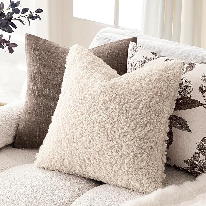 Foindtower 2 Pieces 16x16 Inch Cream Beige, Faux Fur Throw Pillow Cover Accent Sherpa Furry Pillow Covers Fuzzy Soft Pillowcases Cozy Sheepskin Decorative Fleece Cushion Case for Bed Couch Living Room