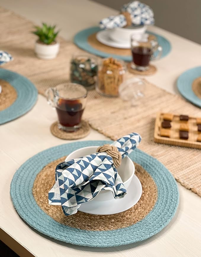 Chardin home Round Verona Woven Jute & Cotton Braided PLACEMAT (Set of 4), Size -15” Round, Color - Natural Jute with Aqua Blue Border.