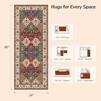 Lessymo Hallway Runner Rug, 2x5 Washable Runner Rugs for Entryway Kitchen Bathroom Corridor - Faux Wool Non-Slip Indoor Door Mat Low Plie Stain Resistant Boho Rug Moroccan, Classic Red and Cream