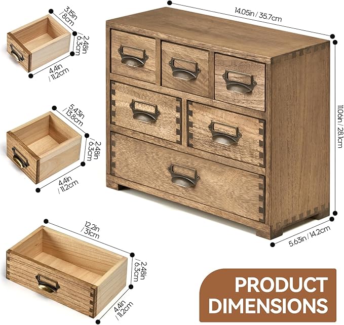 KIRIGEN Wood Desk Drawer Organizer, Home Storage Cabinet 6 Drawers Mini Chest with Lable Holder Handles for Bedroom Home and Office Organization Dark Brown(3D6CG-DBR)