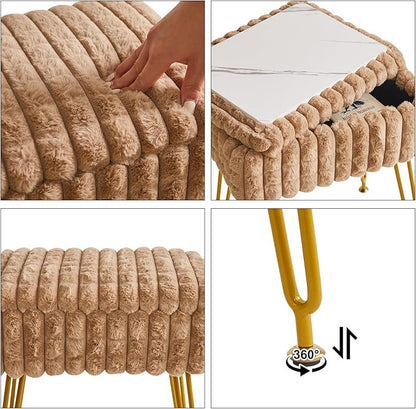 IBUYKE Rectangle Vanity Chair with Storage Space, Footrest Footstool Ottoman, Vanity Stool, Dressing Table Chair, with Anti-Slip Feet, for Makeup Room, Bedroom, Square Grid Pattern, Khaki WBD004K