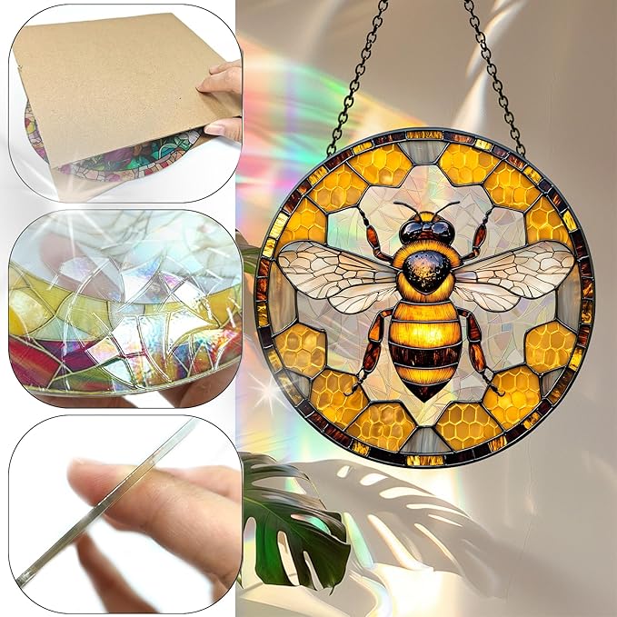 Bimkole Bee Sun Catchers Indoor Window - Animals Acrylic Suncatcher Hanging Decoration for Living Room Bedroom Summer Home Balcony Outdoor Garden Ornaments Decoration 7.8x7.8 Inch