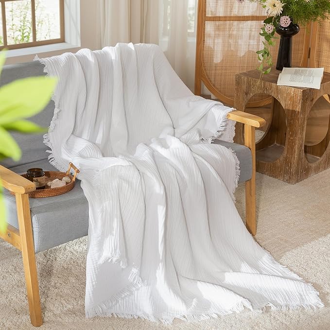 MooMee Muslin Blanket - 100% Cotton 4-Layer Gauze Throw Blanket with All-Around Fringe, Ultra-Soft Breathable Lightweight Cooling Decorative for Bed, Sofa & Couch (Bright White,Throw XL 50" x 70")