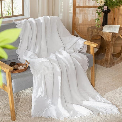 MooMee Muslin Blanket - 100% Cotton 4-Layer Gauze Throw Blanket with All-Around Fringe, Ultra-Soft Breathable Lightweight Cooling Decorative for Bed, Sofa & Couch (Bright White,Super King 108" x 98")