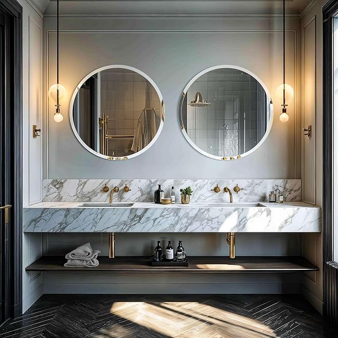 Frameless Round Wall Mirror: Decorative Mirrored Glass Vanity with Beveled Silver Edge for Bathroom Bedroom Livingroom Dining Room Entryway Hallway, 36 x 36 inch