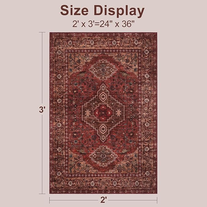 Tangsoo Washable Entryway Rugs 2x3 Vintage Non Slip Small Area Rug, Indoor Front Door Rug, Print Distressed Door Mat Indoor Entrance Soft Low Pile Throw Rug for Entry Kitchen Bedroom Dark Red