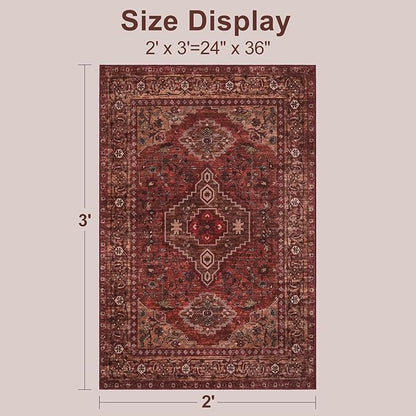 Tangsoo Washable Entryway Rugs 2x3 Vintage Non Slip Small Area Rug, Indoor Front Door Rug, Print Distressed Door Mat Indoor Entrance Soft Low Pile Throw Rug for Entry Kitchen Bedroom Dark Red