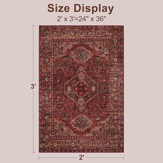 Tangsoo Washable Entryway Rugs 2x3 Vintage Non Slip Small Area Rug, Indoor Front Door Rug, Print Distressed Door Mat Indoor Entrance Soft Low Pile Throw Rug for Entry Kitchen Bedroom Dark Red