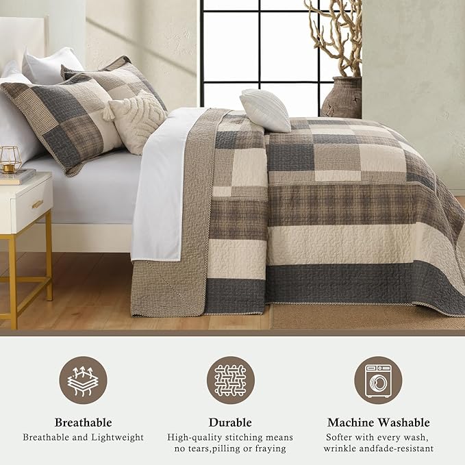 Farmhouse Bedspreads Queen Size 102"x120" - 100% Cotton Lightweight Oversized Queen Quilt with 2 Pillowshams, Printed Plaid Quilted Bedding Coverlet for All Season, Charcoal/Beige/Brown