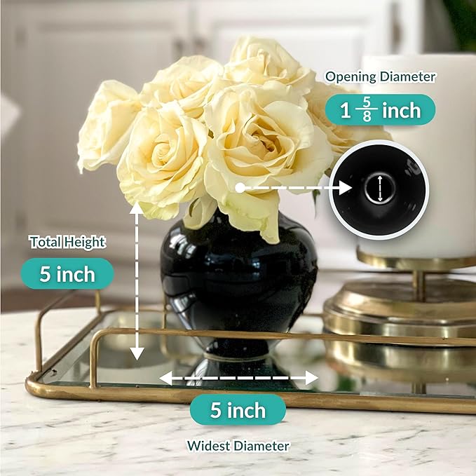 Willowy 5 Inch Round Black Ceramic Vase with Glossy Finish - Modern Vase for Flowers, Home Decor