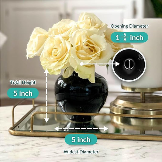 Willowy 5 Inch Round Black Ceramic Vase with Glossy Finish - Modern Vase for Flowers, Home Decor