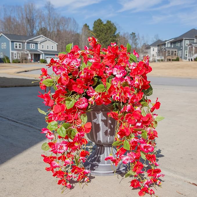 Fake Hibiscus Artificial Hanging Flowers Plants for Outdoors Spring Decoration, 2pcs Silk Hibiscus Vines Realistic UV Resistant Red Faux Flowers for Outside Planter Porch Patio Yard Home Wedding Party