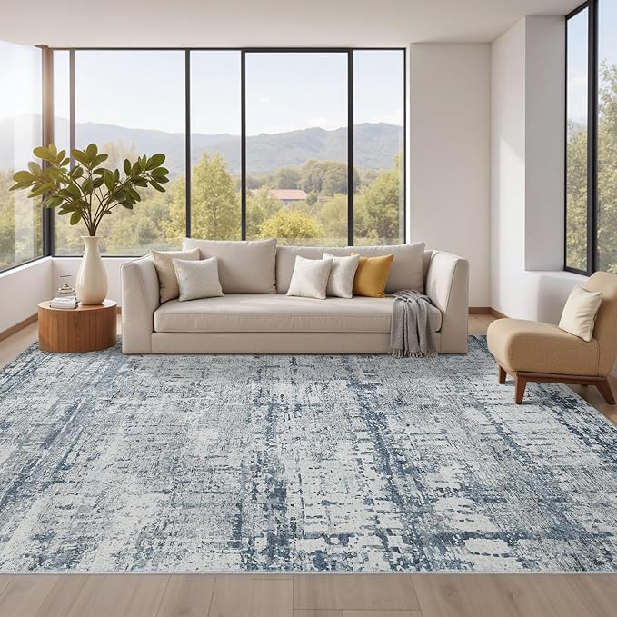 Blue Grey 8x10 Area Rugs,Large Soft Rugs for Living Room, Blue Washable Rug, Modern Abstract Rugs for Bedroom Dining Room, Non-Slip Foldable Thin Indoor Carpet Stain Resistant(Blue Grey)