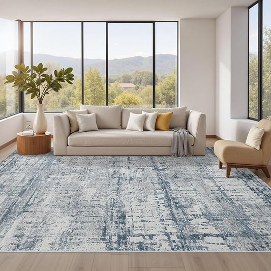 Blue Grey 8x10 Area Rugs,Large Soft Rugs for Living Room, Blue Washable Rug, Modern Abstract Rugs for Bedroom Dining Room, Non-Slip Foldable Thin Indoor Carpet Stain Resistant(Blue Grey)