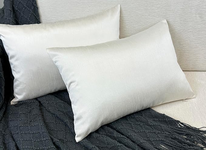 Aiking Home 12x18 Inches Faux Silk Rectangular Throw Pillow Cover, Zipper Closure, Ivory (Set of 2)