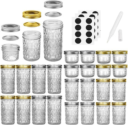 SPANLA Mason Jars, 24 Pack Canning Jars With Regular Lids, Ideal for Jam, Jelly, Honey, Wedding Favors, Shower Favors, DIY Glass Spice Jars - 4 OZ x 8, 8 OZ x 8, 12 OZ x 8 (4oz -8oz-12oz)