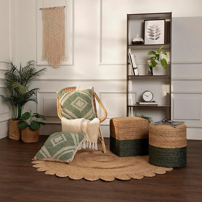 REDEARTH · Cylindrical Pouf Foot Stool Ottoman - Jute Braided Pouffe Poof Accent Sitting Footrest for The Living Room, Bedroom, Nursery, Patio, Lounge - Set of 2 (14.5”X14.5”X16”; Natural Olive)