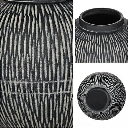 7" Short Rustic Vase with Geometric Linear Striations, Round Ceramic Vase Suitable for Leaves Stems & Flowers, Low-Profile & Cool Tone Style, Chunky, Small & Dark Grey