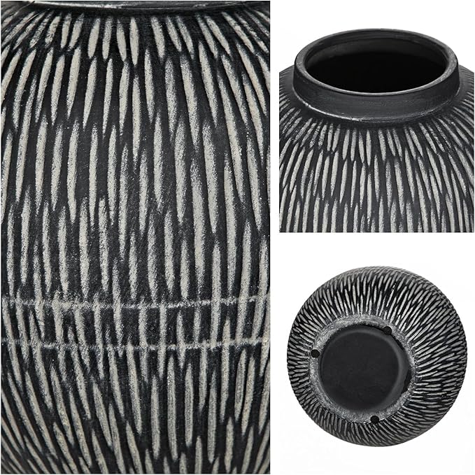 9" Large Ceramic Vase with Wide Mouth, Rustic Vase for Entryway, Living Room & Abundant Blooms Decor, Big & Round Design, Chunky & Dark Gray