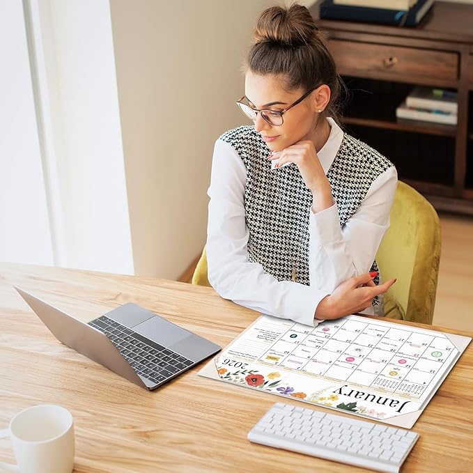 Ospelelf Desk Calendar 2026-2027 Wall Monthly Planner 12"x17" Leather Pad with Protective Cover 18 Months January 2026 - June 2027 White Floral