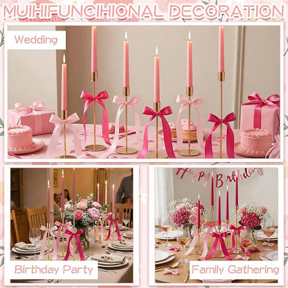 6 Set Pink Party Decorations, 6 Candle Holders and 6 Ribbon Bow, Metal Brass Gold Candlestick Holders for Table Wedding Bachelorette Birthday Party Supplies